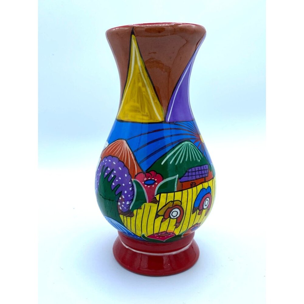 Tonala Mexican Pottery Hand Painted Vase Town Scenes